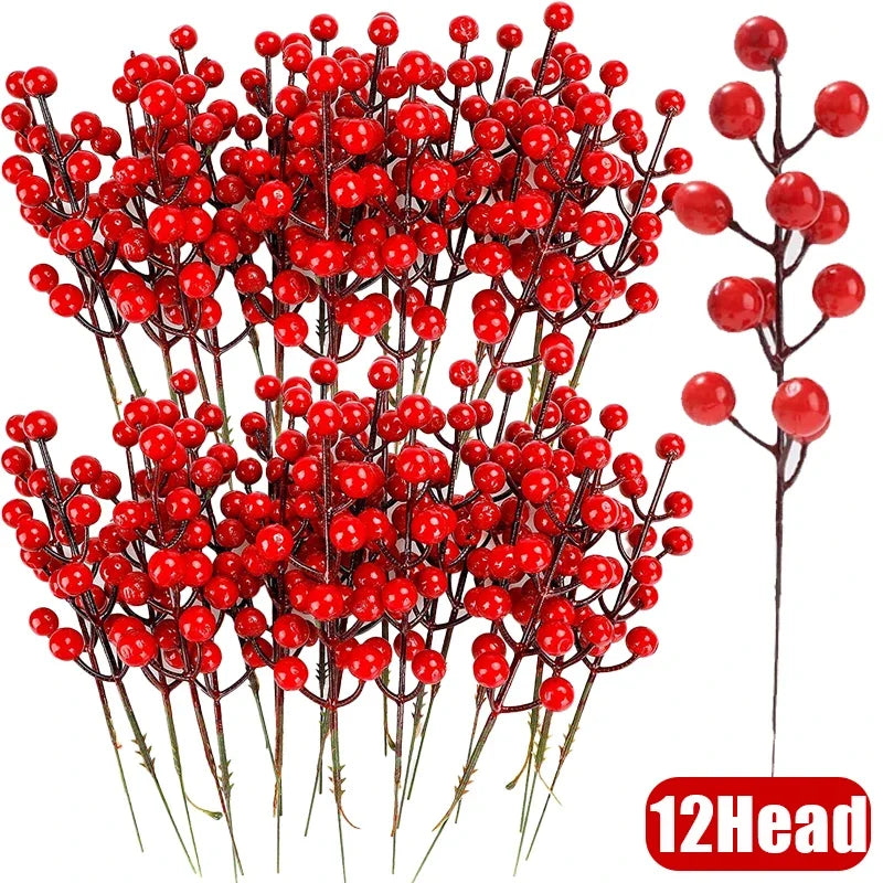 Wholesale Artificial Red Berries Stem Christmas Red Holly Berry Stamen Fake Flowers Plants Ornaments New Year Party Home Decor