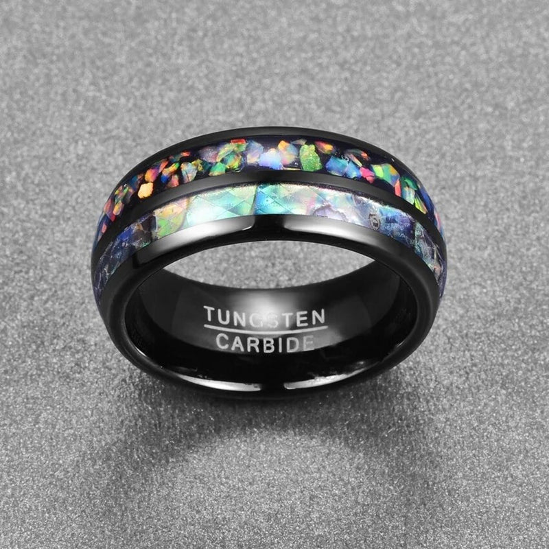 Nuncad New Fashion Hot Men Rings Electroplated Black Inlaid Shells Opal Dome Tungsten Steel Ring Size 7/8/9/10/11/12 T090R
