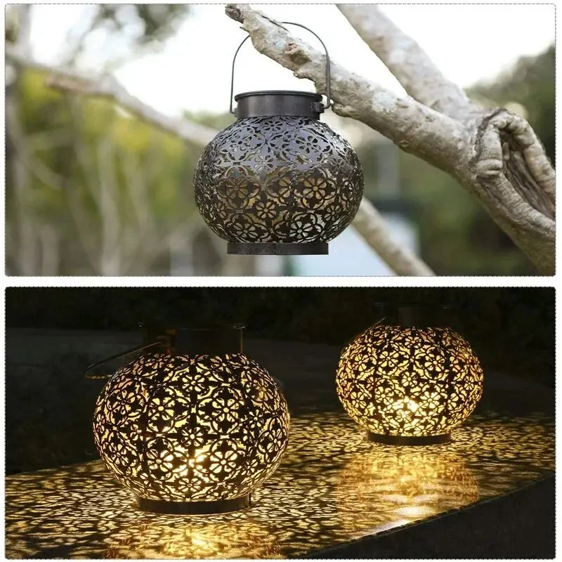 LED Solar Lantern Light Hollow Wrought Iron Projection Light Hanging Lamps Outdoor Waterproof Yard Garden Art Decoration