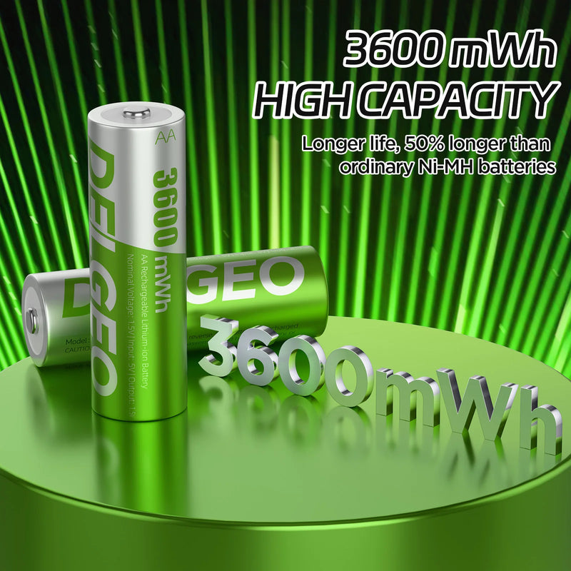 Delgeo AA Rechargeable lithium Battery 1.5V with Charging Case 3600mWh Large Capacity Compatiable for Camera, Gamepad, GPS, Toys