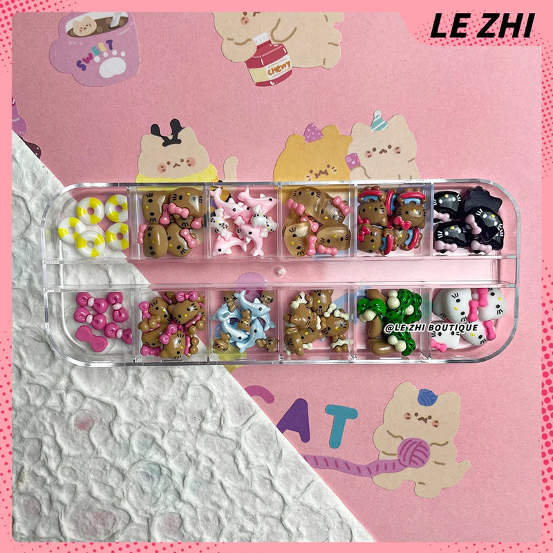 60PCS Cartoon Hawaii Black Skin Hello Kitty Nails Art Charms Accessories Personal DIY Resin Nail Accessories Nail Salon Supplies