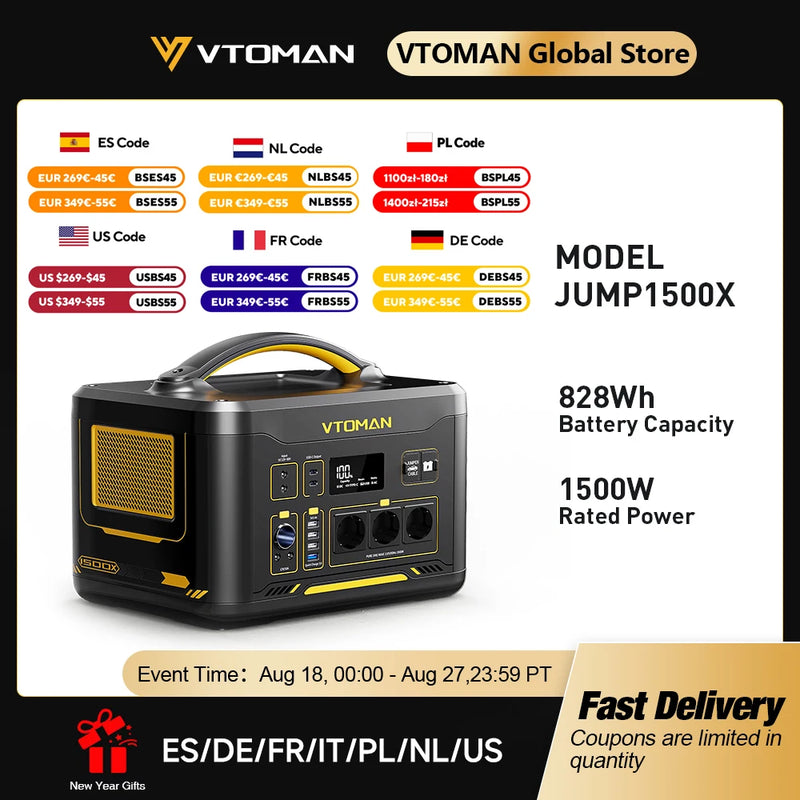 VTOMAN JUMP 1500X Portable Power Station Camping LiFePO4 Battery 828Wh 1500W AC Outlets Solar Generator For Home RV Outdoor