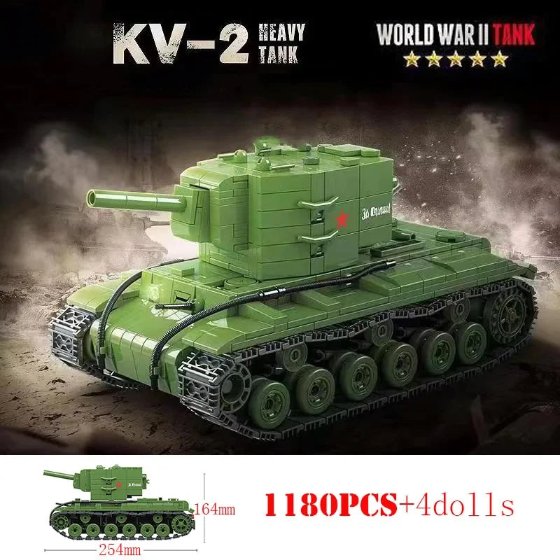 Military World War Russian T-34 KV-1 Heavy Tank Building Blocks WW2 American M4A3 Sherman Stuart Tank Technical Bricks Kids Toys