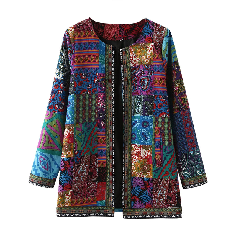 Autumn Winter Women'S Boho Ethnic Cardigan Fashion Retro Print Jacket Loose Long Sleeve Vintage Coat With Pockets Chic Top