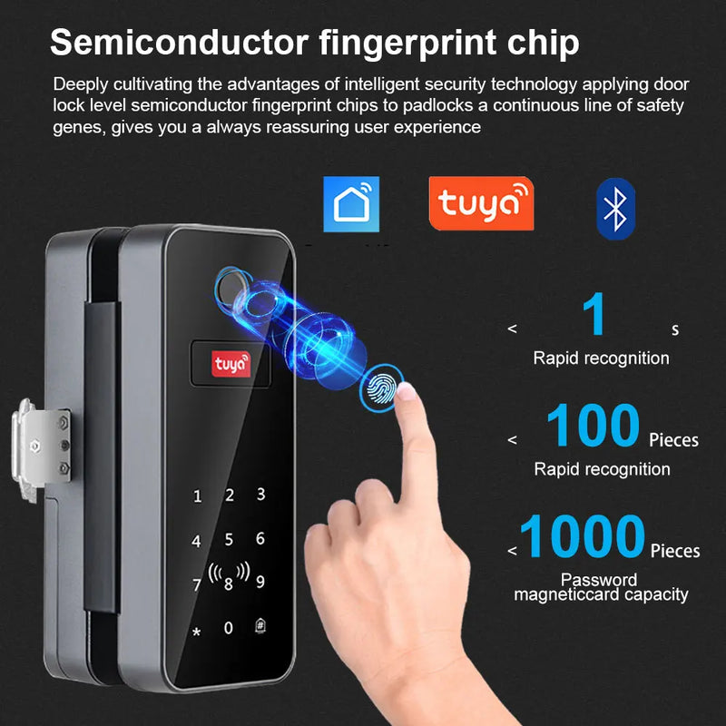 Tuya APP Glass Door Fingerprint Lock Bluetooth Smart Biometric Electronic Door Lock 13.56Mhz RFID Remote Control Keyless Unlock