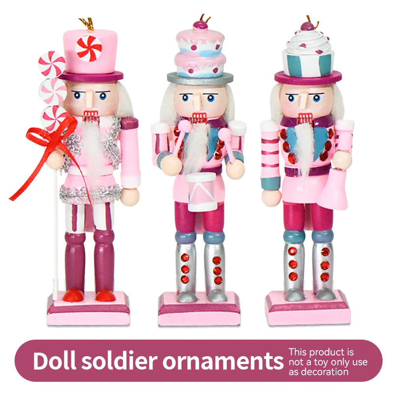 3Pcs 12cm Cartoons Nutcracker Puppet Ornaments Desktop Decoration Soldiers Band Dolls Pink Cake Candy Style Christmas Gift