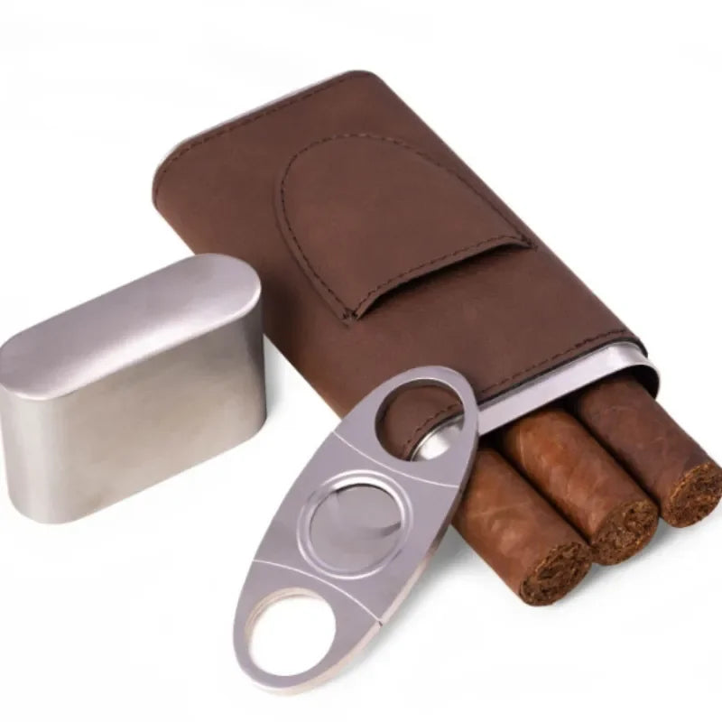 High Quality 3-Finger Cigars Holder Portable Leather Humidor With Silver Stainless Steel Cutter Case For Men Hot Selling