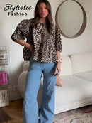 Leopard Print Shirt For Women Bow Lace Up O-neck Short Puff Sleeve Female T-shirt 2024 Summer Fashion All-match Street Lady Tops