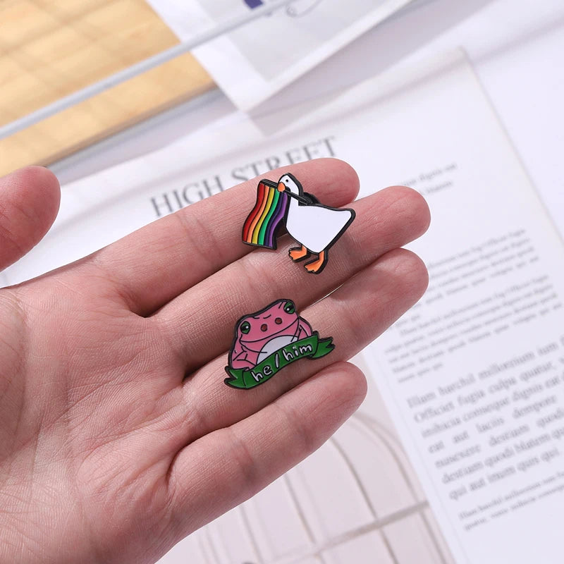 Pride Flag Enamel Pins Custom Love is Love He Him Brooches LGBT Lapel Badges Cats Frog Goose Jewelry Gift for Kids Friends