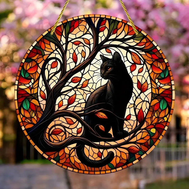Black Cat In Moonlight Stained Window Hanging Sun Catcher Sunshade Cat Lover Sign Gift For Family Home Outdoor Indoor Yard Decor
