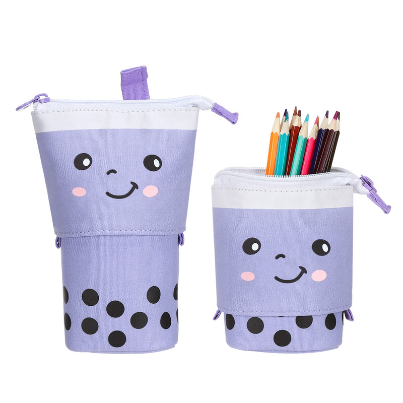 Cute Retractable Pencil Case Multi-function Pen Bag Kawaii Boba Milktea Smile Face Stationery Case Canvas Pen Holder Organizer