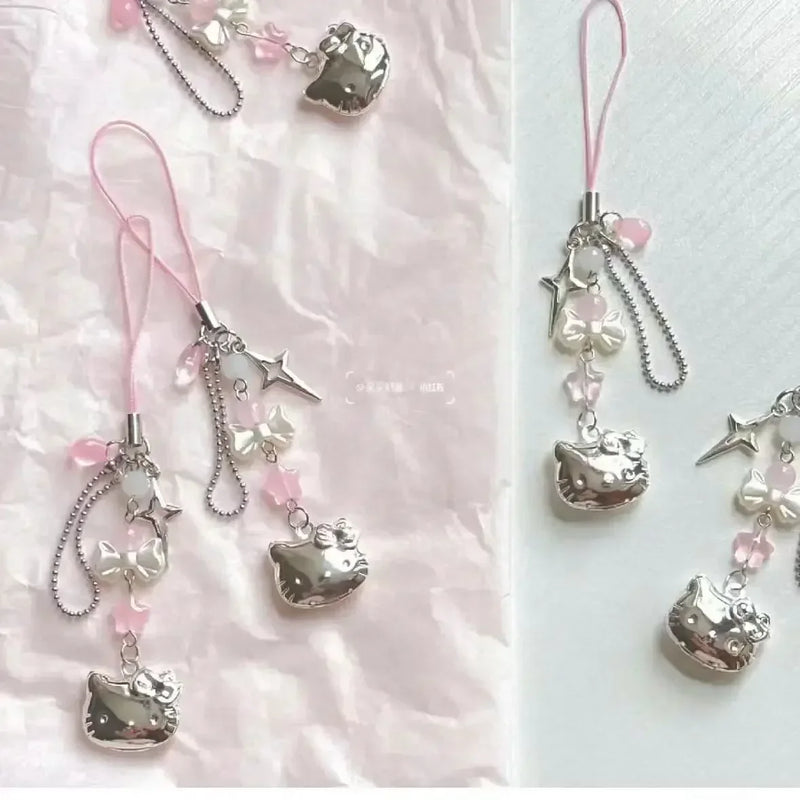 Kawaii Anime Hello Kittys Creative Bow Love Phone Chain INS Sweet Girl Heart Bag Cartoon Decoration Pendant Holiday Gift