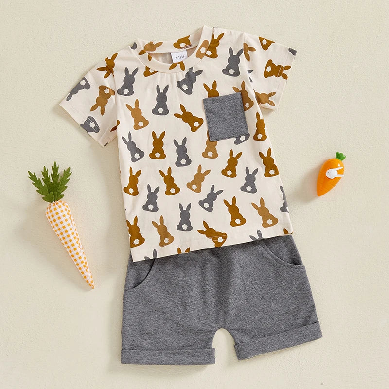 Toddler Boy Easter Outfit Bunny Print Short Sleeve T-shirt and Solid Shorts with Pockets 2 Piece Set for Baby Boys
