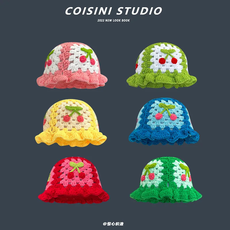 2024 New Korean-Japanese Hand Buckle Crochet Bucket Hat Spring and Autumn Winter Sun Hat Female Cherry Designer Bob Basin Hat