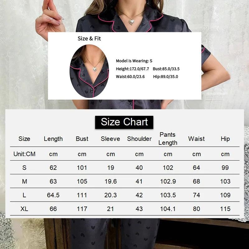 Women's Sleepwear Home Suit Heart Print Pajamas Short Sleeve Buttons Top & Elastic Waistband Pants Pyjama 2 Piece Set Loungewear