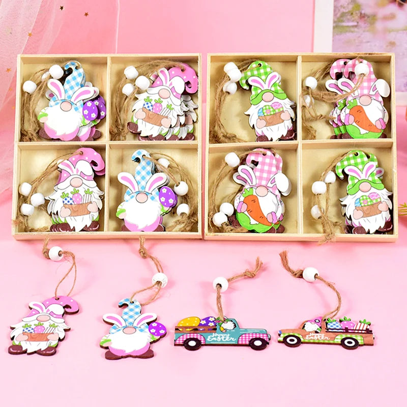 12/9pcs Happy Easter Wooden Pendant Cute Bunny Egg Carrot Chick Hanging Ornaments Spring Easter Party Home Decoration DIY Wreath