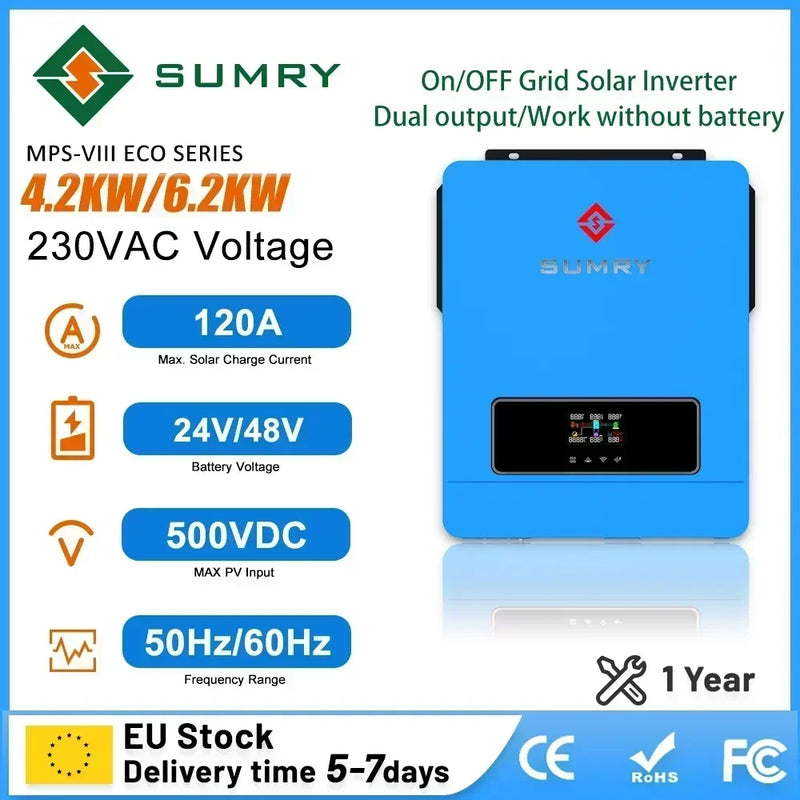 SUMRY ON Off Grid Solar Inverter Pure Sine Wave 3.6kw 4.2kw 6.2kw 220VAC Hybrid Solar Inverter 24V 48V MPPT Solar Charger
