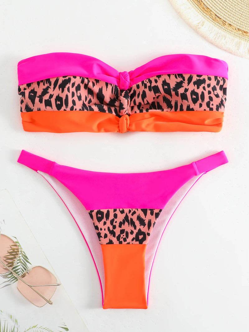 Sexy Bandeau Bikini Women Hot Pink Leopard Print Contrast Front Tie Push Up Micro Swimsuit 2024 Bathing Suit Triangle Swimwear