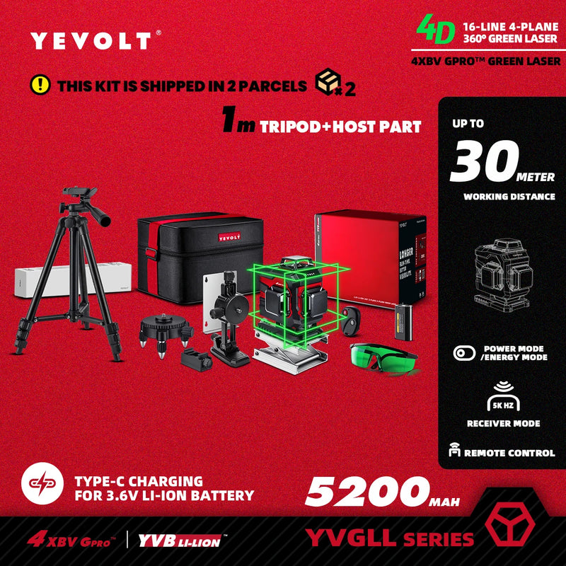 YEVOLT Laser Level Green Beam 4-Plane 16-Line Self-leveling 360 3D Ground-Hugging Horizontal & Vertical Tile Measuring Tools