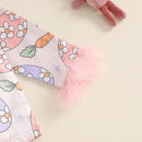 Baby Girls Easter Pajamas Feather Cuffs Egg Bow Print Button Long Sleeves Shirt with Elastic Pants for Loungewear