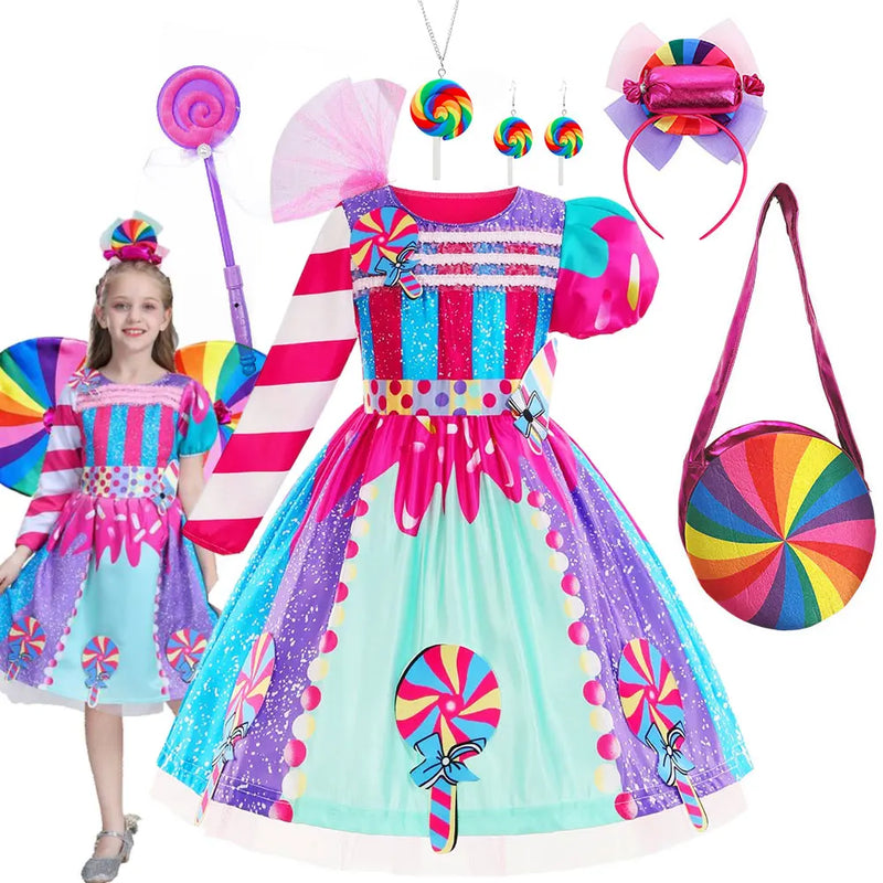 Candy Fairy Costume Girls Lollipop Cosplay Dress Toddler Carnival Purim Rainbow Vestidos Christmas Party Princess Clothing Gown