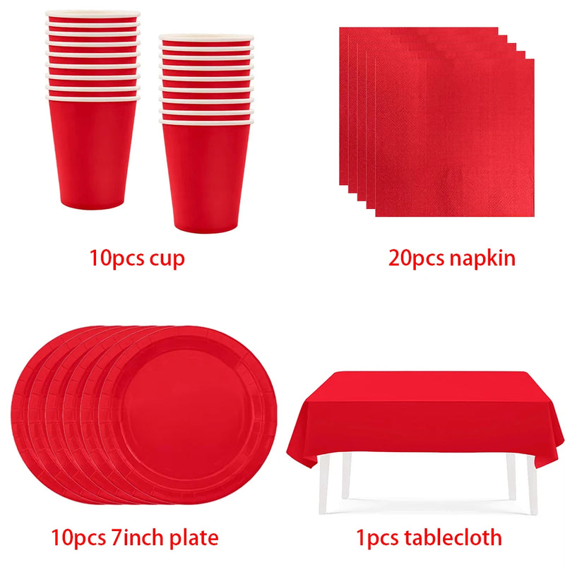 Solid Red Theme Birthday Party Supplies Disposable Dinnerware Paper Napkin Cup Plate Tablecloth Banner for Wedding Decoration