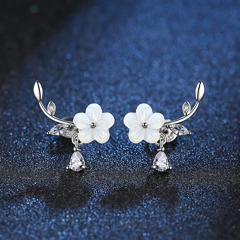 Pure 925 Sterling Silver Lady's New Fashion Jewelry Crystal Leaf Shell Flower Stud Earrings XY0211