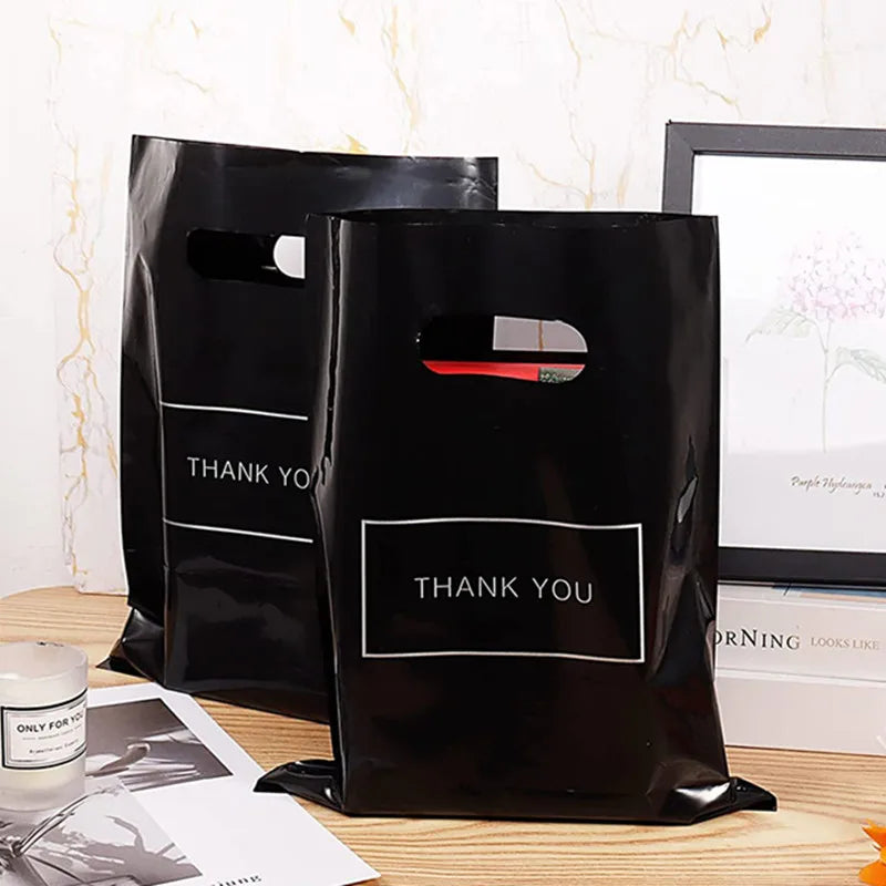Black Thank You Packing Bag Plastic Gift Bags With Handle For Small Business Wedding Birthday Present Party Home Storage 10PCS