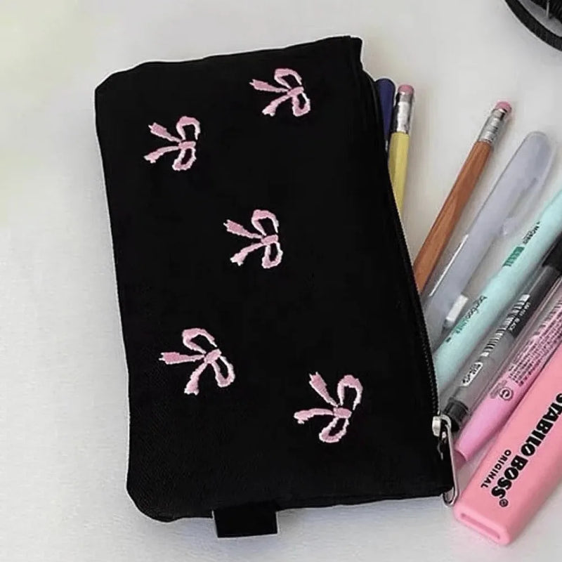 New Canvas Cute Embroidered Bag Bowknot Square Shape Cosmetics Bag Lovely Print Pencil Case