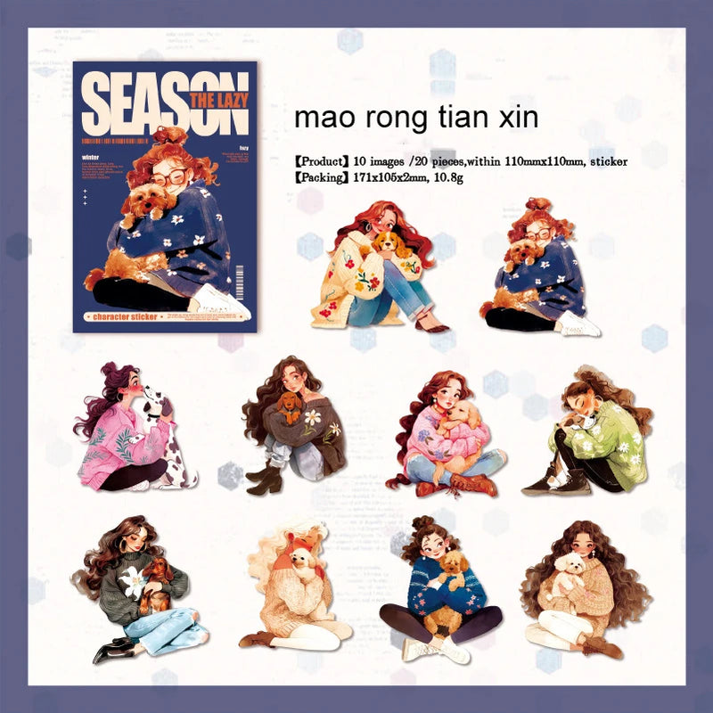 JIANWU Lazy Season Series Kawaii Girl Character Landscaping Sticker Creative DIY Journal Material Collage Stationery