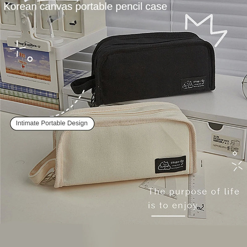 Ins Simplicity Pencil Case Solid Color White Black Canvas Pencil Bag High Capacity Stationery Storage Bag School Student Supply