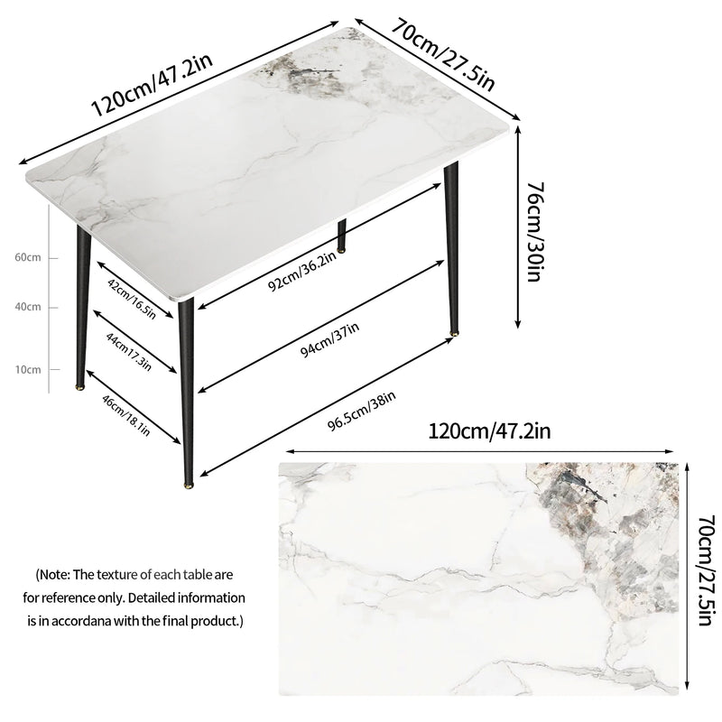 High Gloss 4-6 Seater Rectangular Marble Dining Table Kitchen Island Restaurant Lunch Dinner Table Black Metal Legs