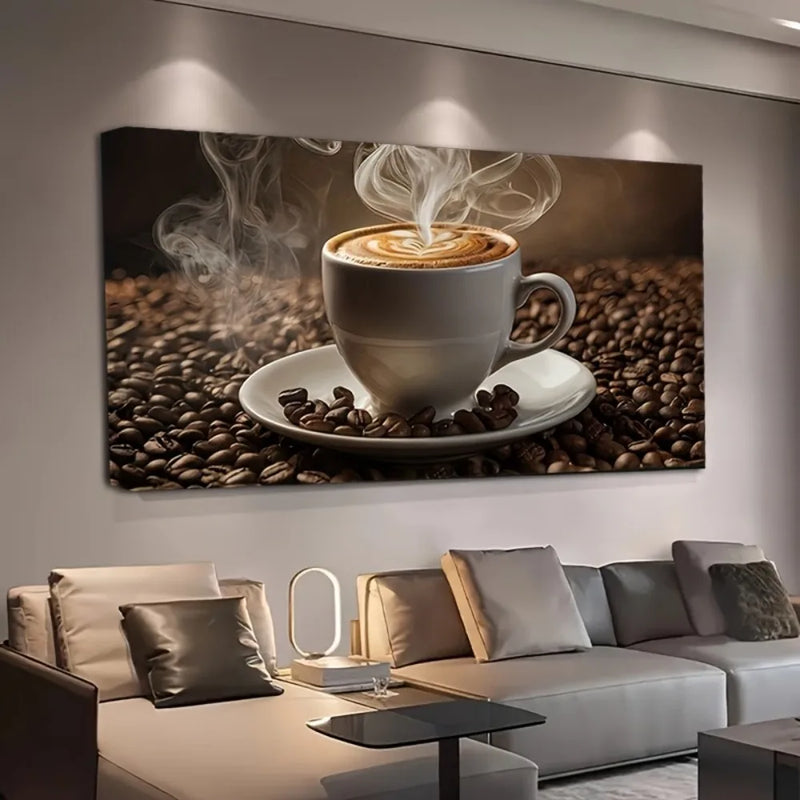 Coffee art canvas print, mural decoration, suitable for living room bedroom and hallway, 1.5 inch thick pine solid wood frame