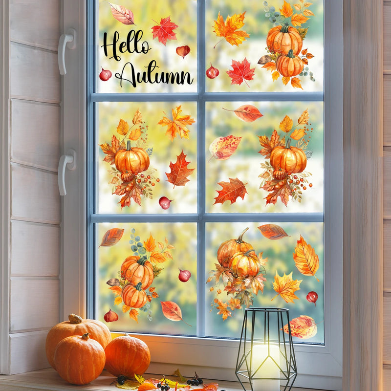 1 sheet Autumn Harvest Window Clings, Thanksgiving Window Decals, Leaves & Pumpkins Window Stickers for Home