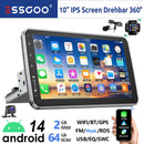 ESSGOO 10" Android 14 4+64G Wireless Carplay Car Stereo Rotatable Touchscreen 1 DIN GPS Nav Bluetooth FM RDS WIFI USB EQ SWC MIC
