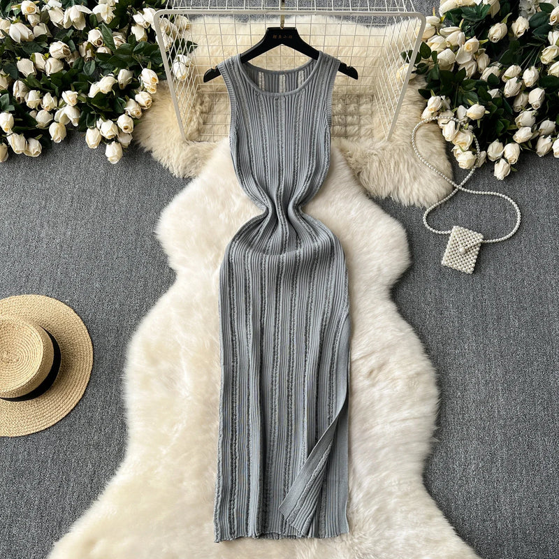 Green New Summer Knit Sexy Strap Dress Women Tank Elatic Waist Bodycon Sundress Female Beach Split Maxi Long Dress