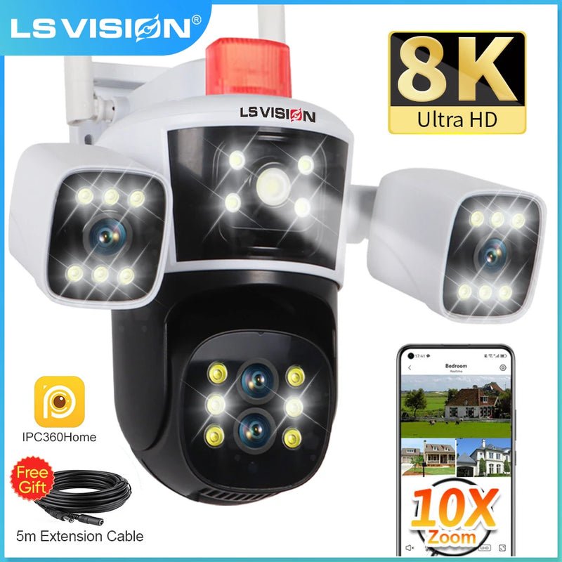 LS VISION 16MP 8K Three Screens Wifi IP Camera PTZ  Four Lens 10X Zoom Outdoor AI Human Tracking CCTV Wifi Surveillance Camera