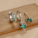 3PCS Stainless Steel Gold Color Four Flower Hoop Earrings Set for Women Elegant Zircon Pendant Huggies Piercing Trendy Jewelry