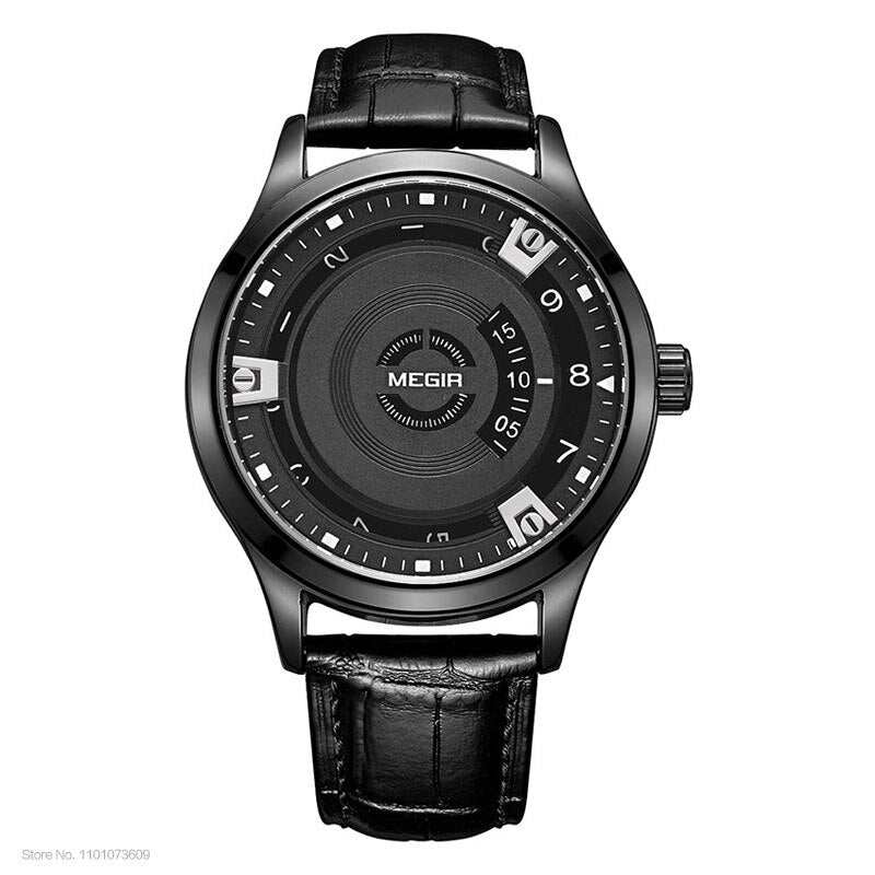 Megir Mens Fashion Black Leather Quartz Wristwatches Hot Water Resistant Battery Quartz Watch for Man Male1067
