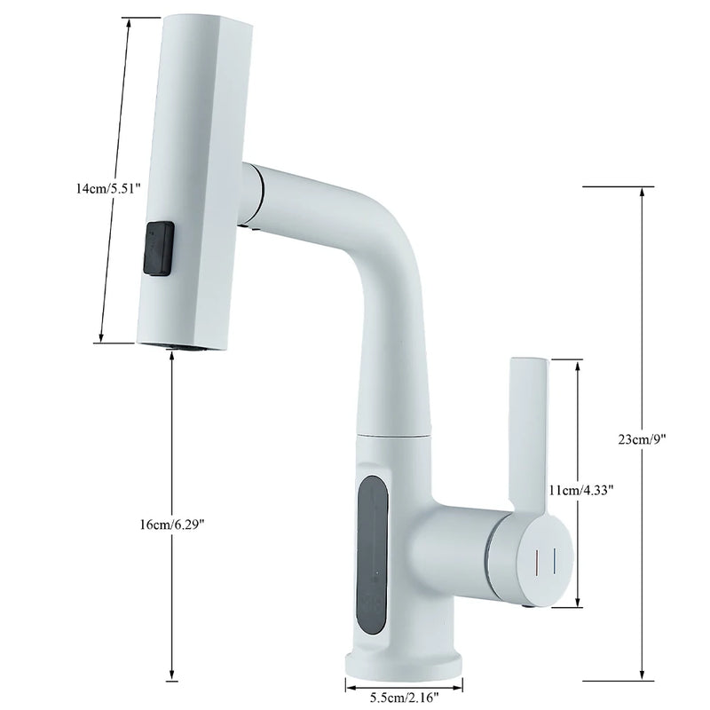 White Bathroom Basin Faucet with Temperature Digital Display Lift Up Crane Pull Out Waterfall Spout Hot Cold Sink Mixer