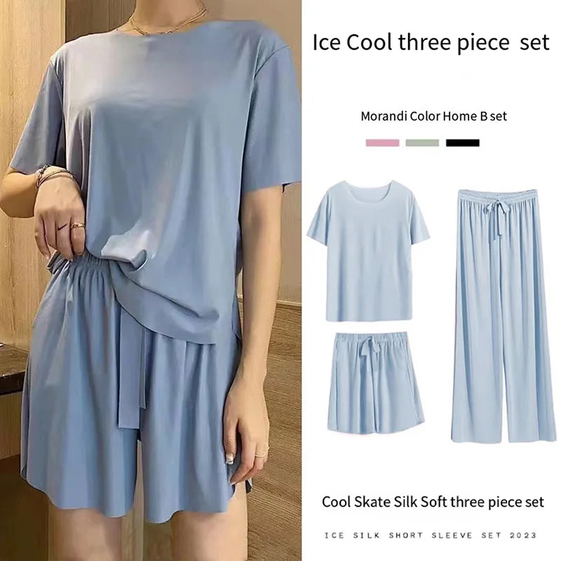 Ice Silk Pyjamas Three-Piece Set of Women's Homewear Trousers Simple Leisure and Comfortable Loose Short-Sleeved Shorts Suit
