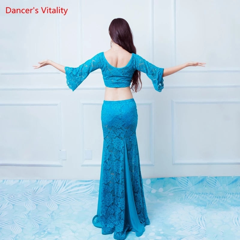 Winter Girls Women Belly Dance Flared Sleeves Top Splicing Skirt Competition Dance wear Lady Oriental Indian Dance Lace Clothes