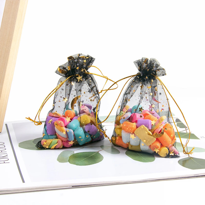 50Pcs Eid Mubarak Decoration Mesh Bag Organza Hot Stamping Silver Star Moon Candy Gift Drawstring Packaging Bag Party Supplies