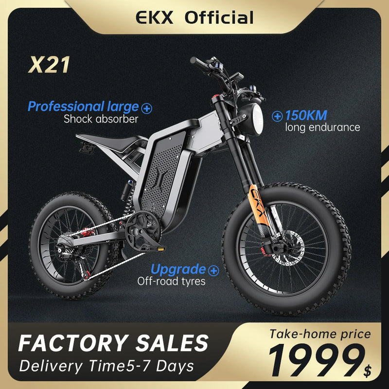 EKX X21 Adults Electric Bike 2000W 48V35AH 55km/h Samsung Battery Snow Electric Motorcycles 20“*4.0 Off Road Tyre Mountain Ebike