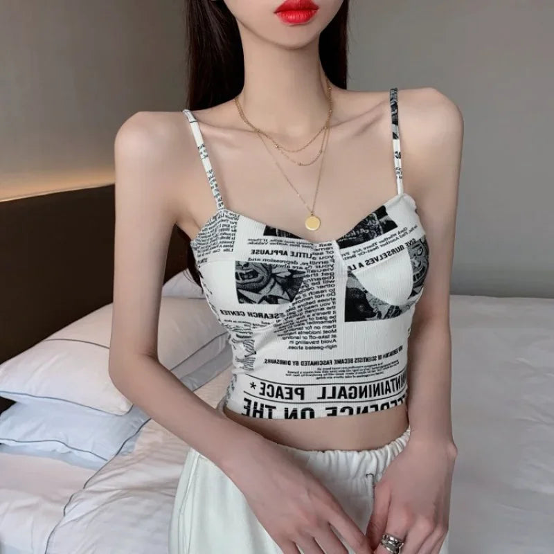 Women Push Up Camisole Padded Bra Sexy Top Suspender Tanks Fashion Printed Newspaper Camis Female Soft Sleeveless Tube Tops