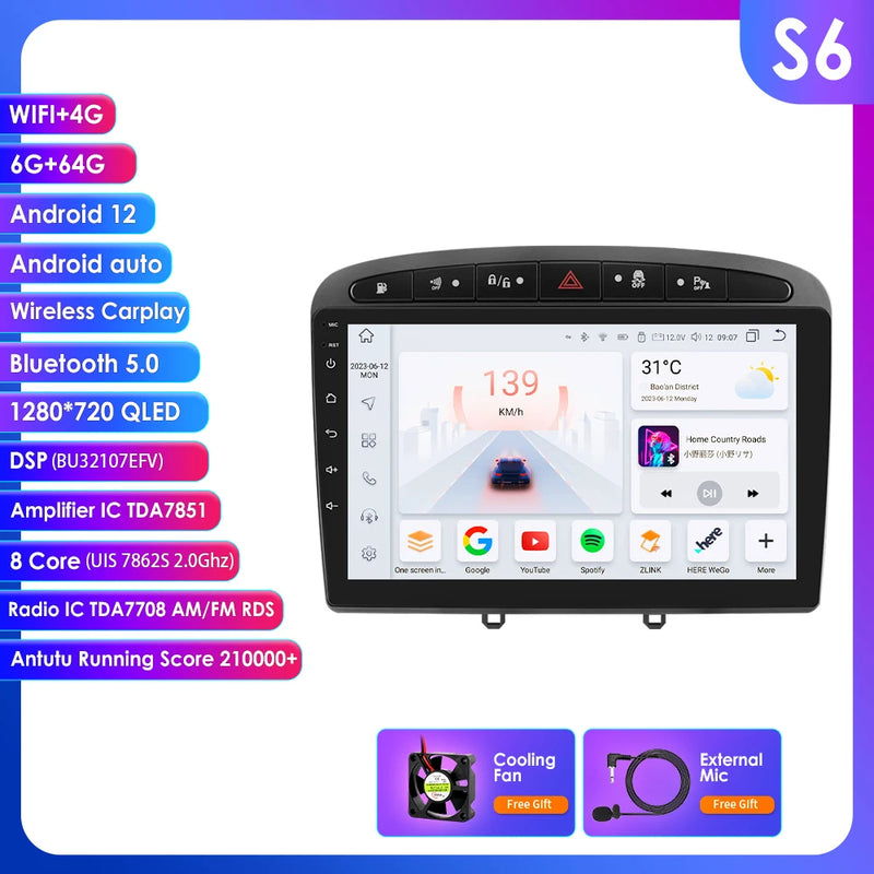 Hizpo 2Din Wirless CarPlay Android Auto Car Radio for 308 308S 408 2012 - 2020 UI7862 Headunit DSP RDS BT 4G GPS Navi 360° CAM