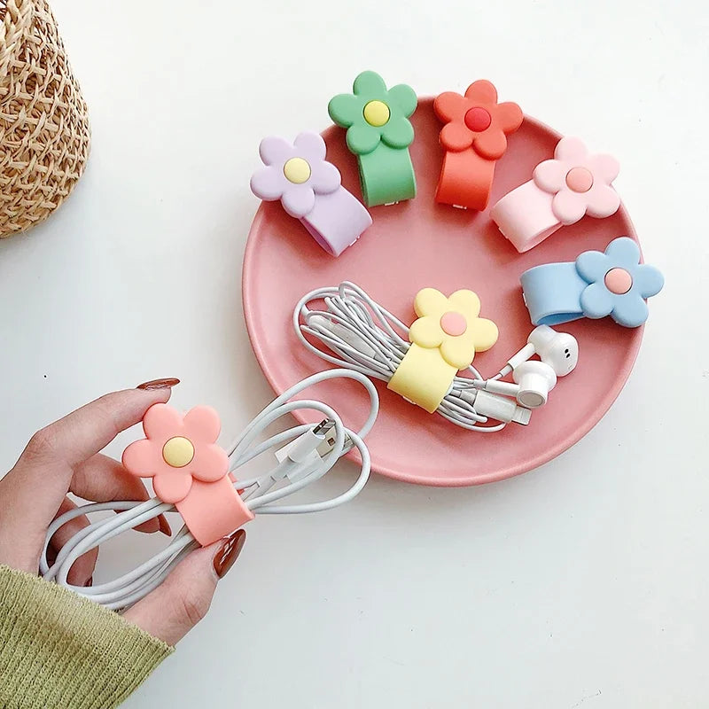 Cute Flowers Shape Cable Organizer Kawaii Buckle Earphone Clips USB Charging Data Line Cable Winder Desk Organizer Home Office