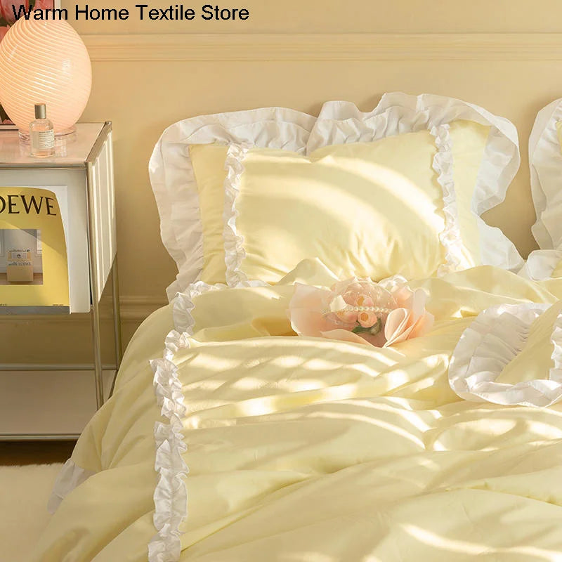 Korean Ins Bedding Set, Luxury Quilt Cover, Pillowcase Flat Bed Sheets, Simple Girl Princess Ruffle Home Textiles