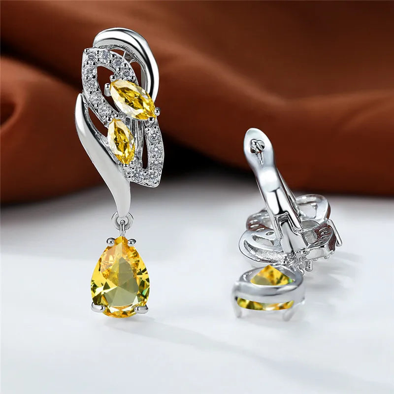 Luxury Female Blue Rainbow Stone Earring Silver Color Clip Earrings For Women Charm Crystal Zircon Wedding Jewelry