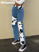 HEYounGIRL Patchwork Cow Print Jeans Women Casual High Waisted Pants Capris Harajuku 90s Black Long Trousers Ladies Street